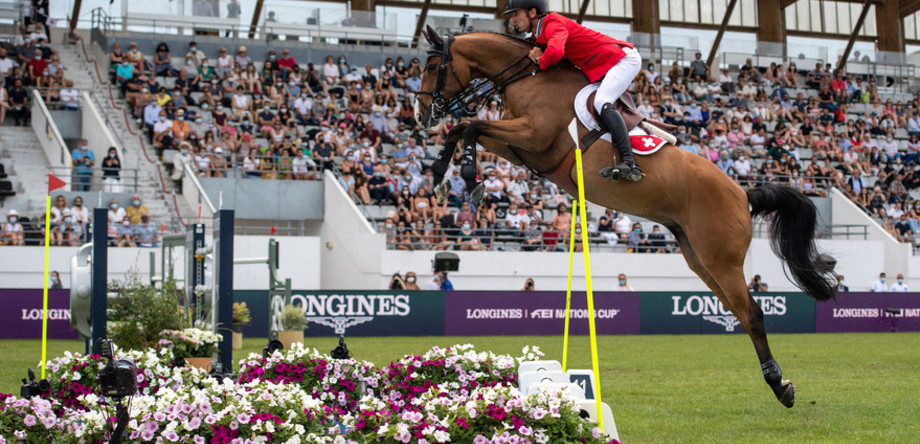 Steve Guerdat of Switzerland on Albfuehren's Maddox tackles a water jump in the FEI Jumping Nations Cup of France at La Baule, France, June 11, 2021.